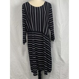 Habitat Black White Stripe A-Line Dress L Mixed Stripe 3/4 Sleeve Stretch Travel